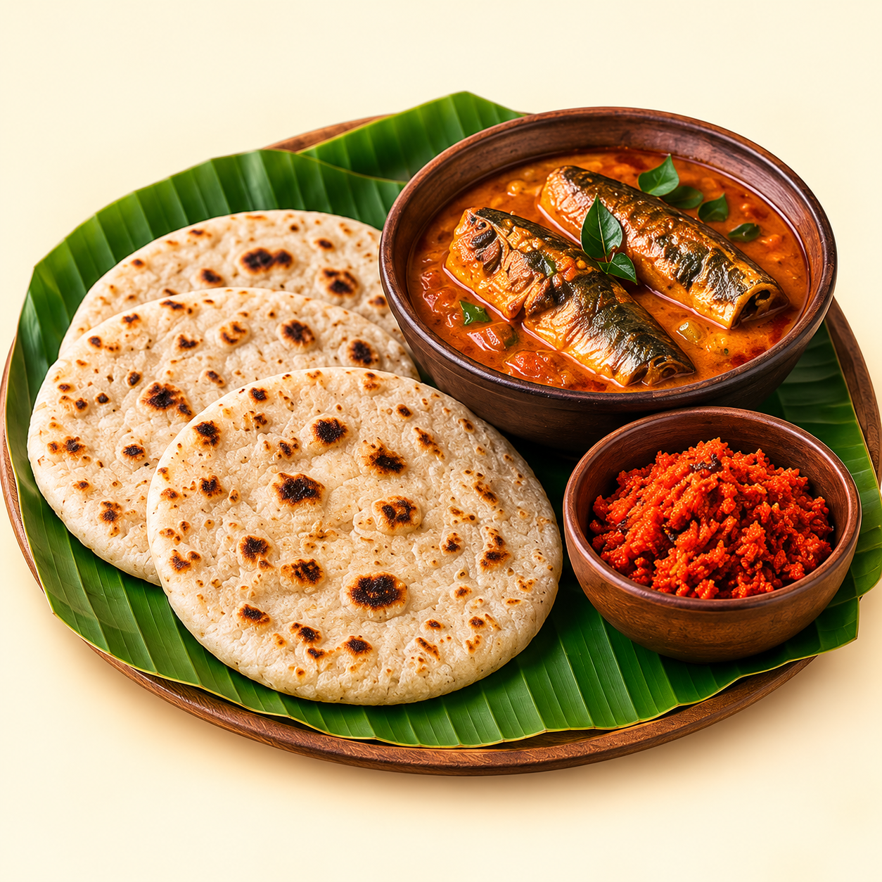 Menu 2 - Pol Roti (3) with Mackerel Curry & Lunumiris on Banana Leaf